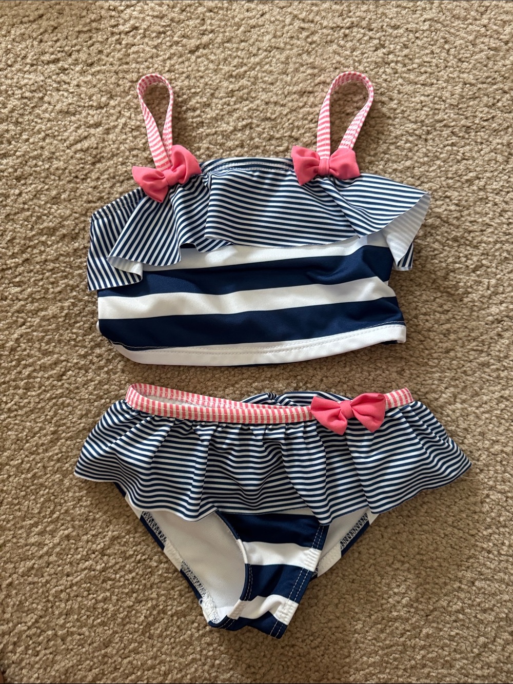 Penelope Mack White Girls Swimsuit with Pink Striped Straps